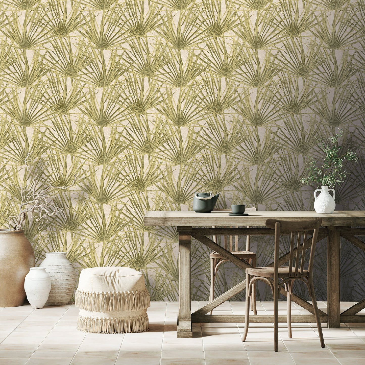 Beige wallpaper with olive-green palm leaves, plus a rustic wooden dining table, chair, wicker ottoman and ceramic vases.