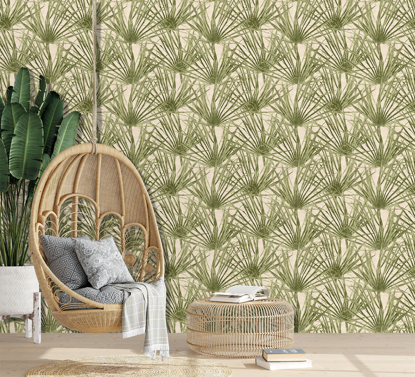 Veer Decor Palm Turtle Green Wallpaper Tropical Transitional, Traditional Green Wallpaper - 8250-AF3