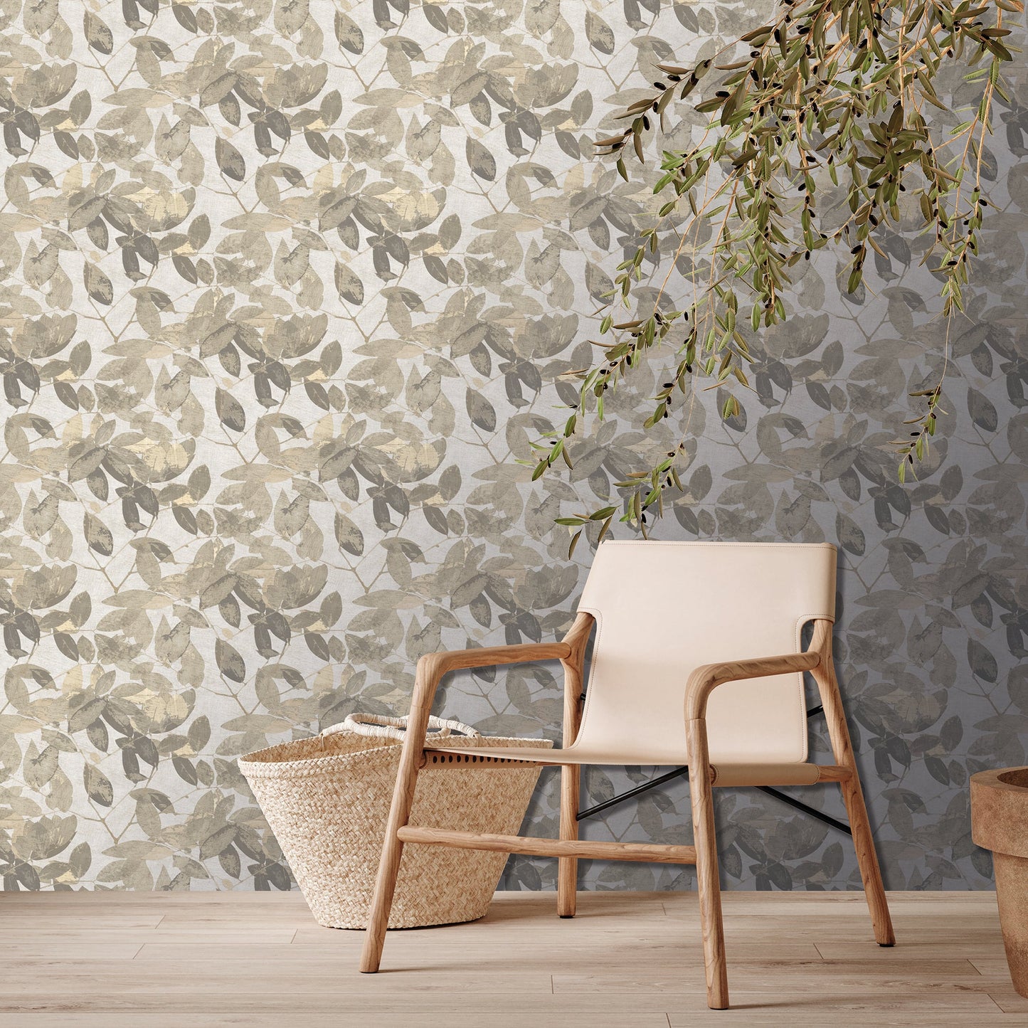 Beech Leaves warm taupe wallpaper with a textured non-woven surface and layered foliage pattern, ideal for modern interiors and accent walls.