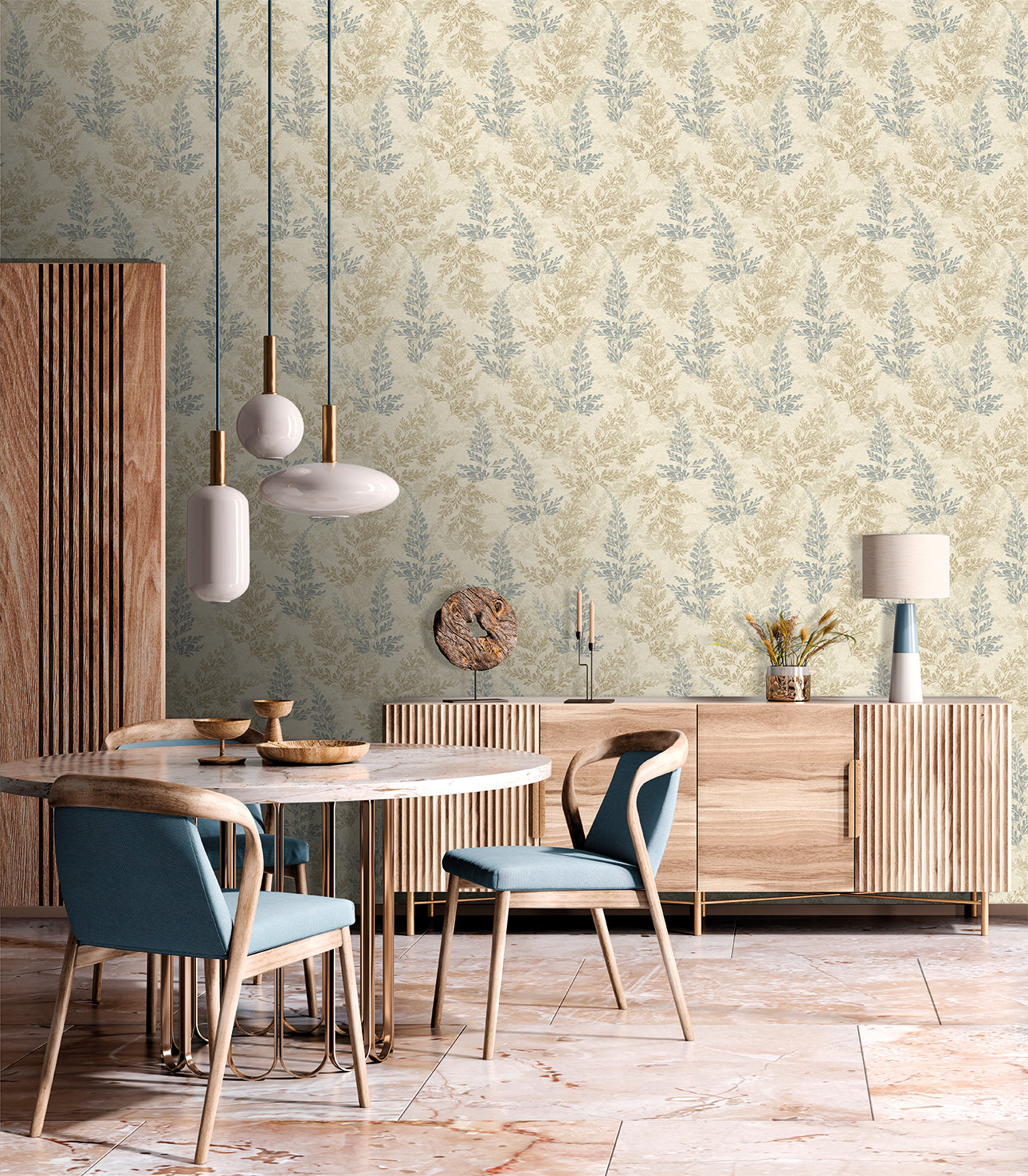 Veer Decor Wild Herbs Blue Beige Wallpaper Nature Transitional, Traditional Blue Wallpaper - 8250-AH2