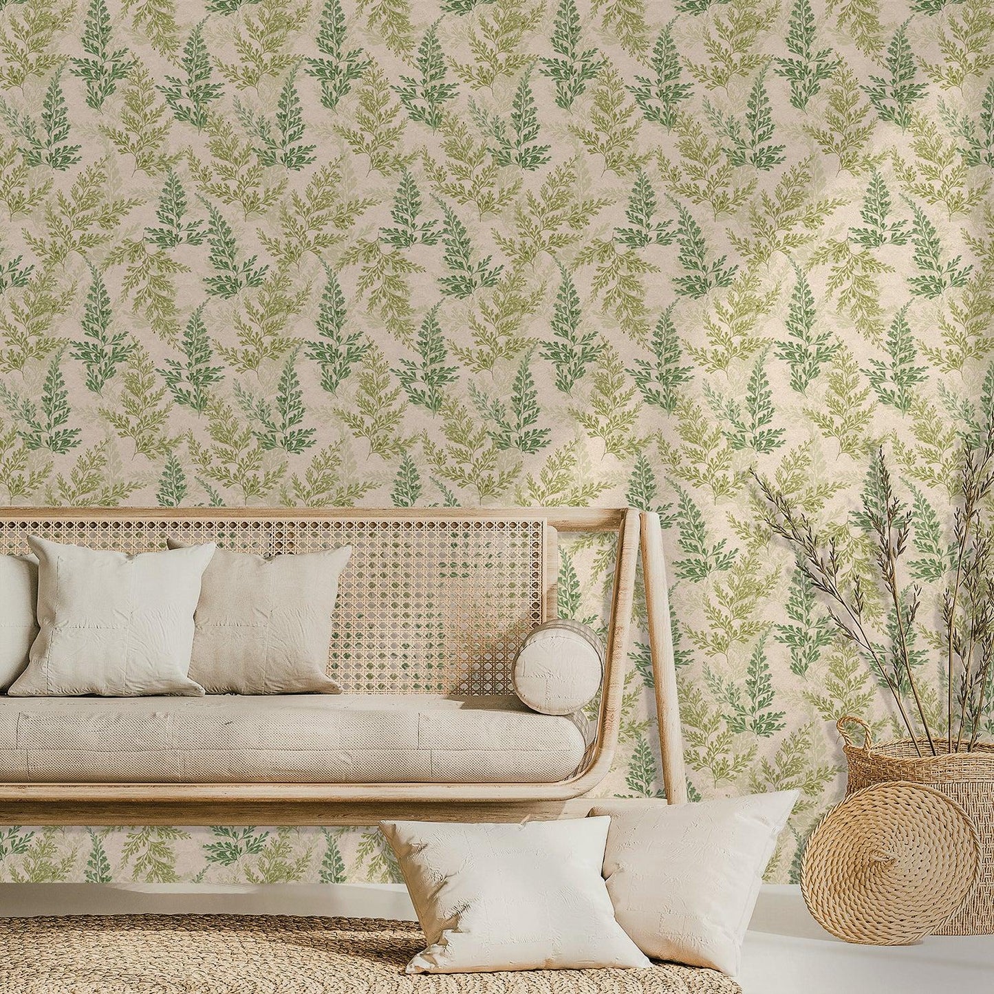 Neutral living room with green watercress herb wallpaper, a rattan sofa with cream cushions, and a woven basket planter.