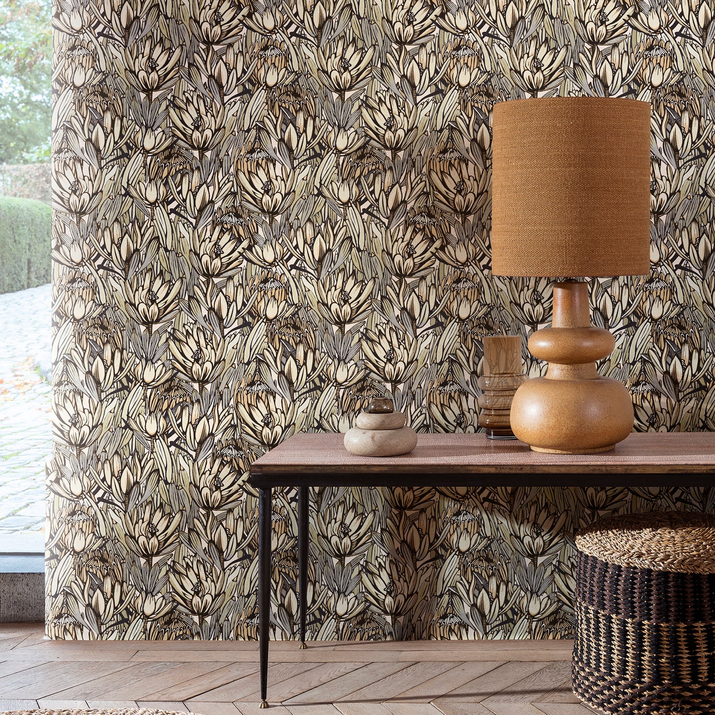Bold botanical wallpaper with a cream & grey floral pattern.
