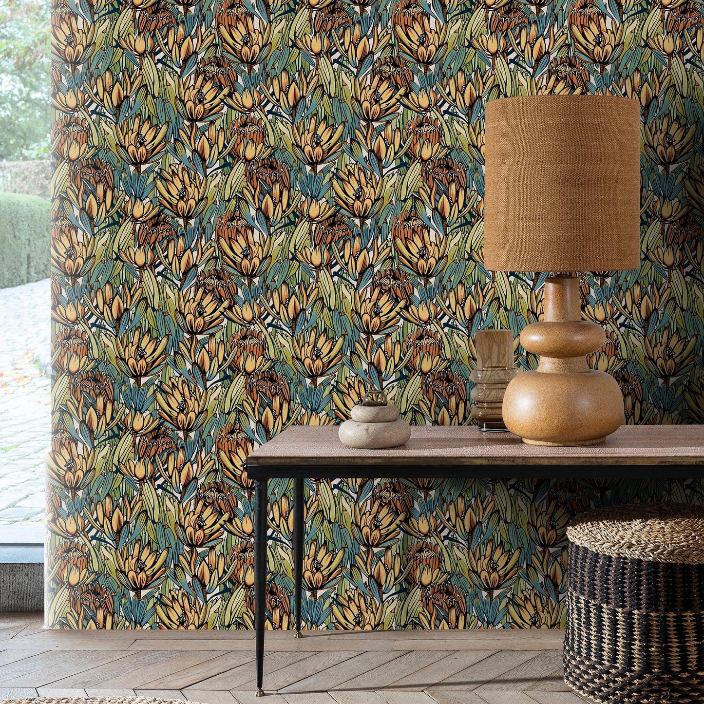 Beige and blue floral wallpaper with a transitional blue pattern, 8251-AD2.