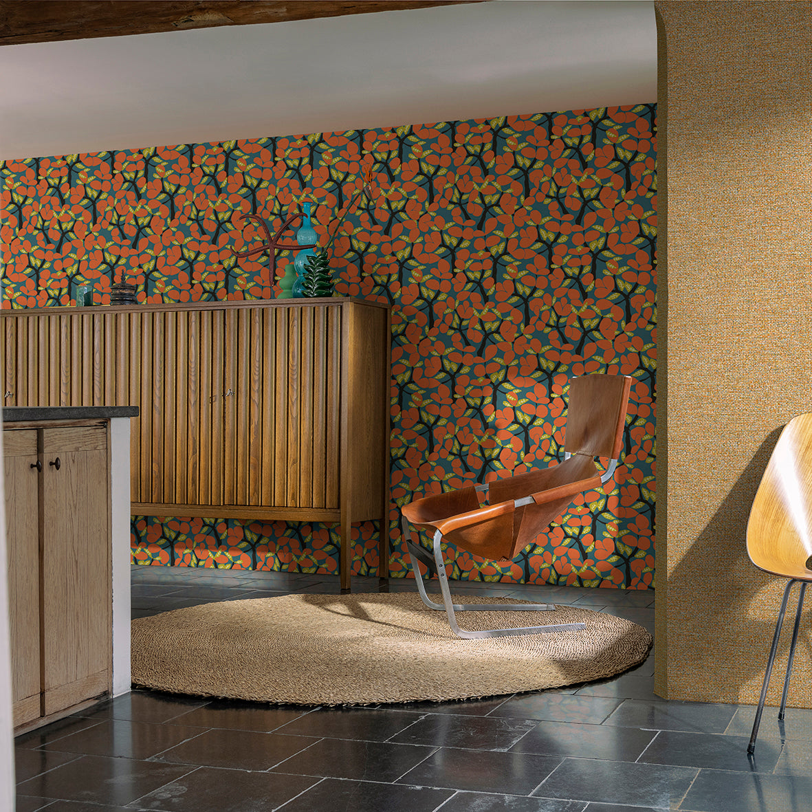 Veer Decor Janneiro Botanica Blue and Orange Wallpaper Nature Mid Century, Transitional, Contemporary Orange Wallpaper - 8251-AF4