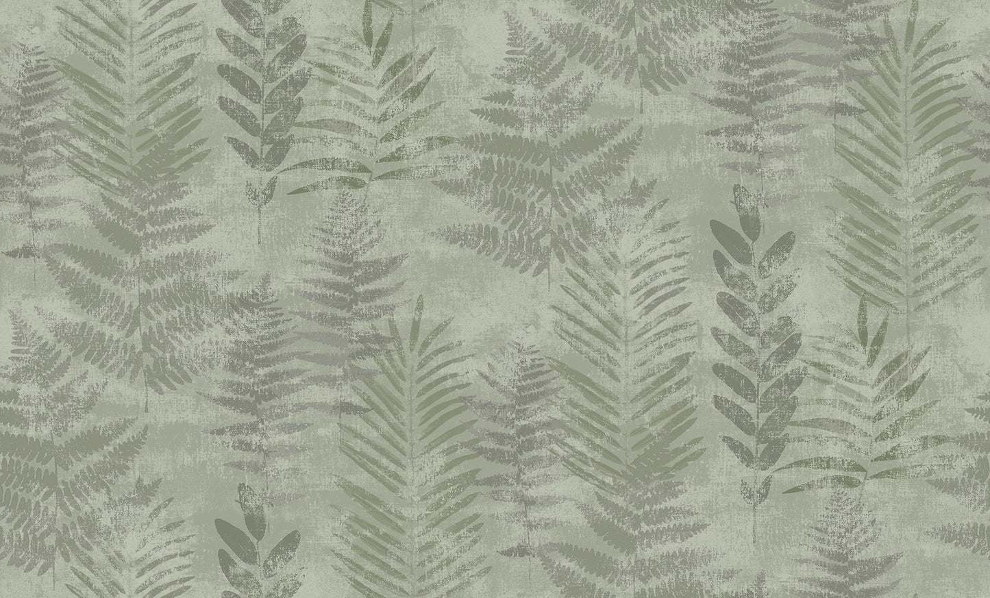 Veer Decor Fern Horizon Green wallpaper — painterly fern silhouettes on textured non‑woven vinyl, full botanical wallcovering in soothing green tones