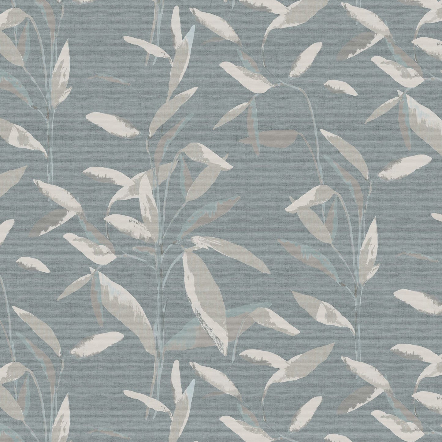 Blue-gray linen-textured wallpaper with cream-beige leafy branches pattern.