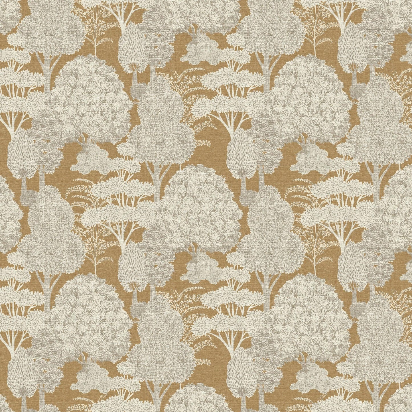 Beige wallpaper with cream trees in a repeating woodland motif; vintage botanical forest design for walls.