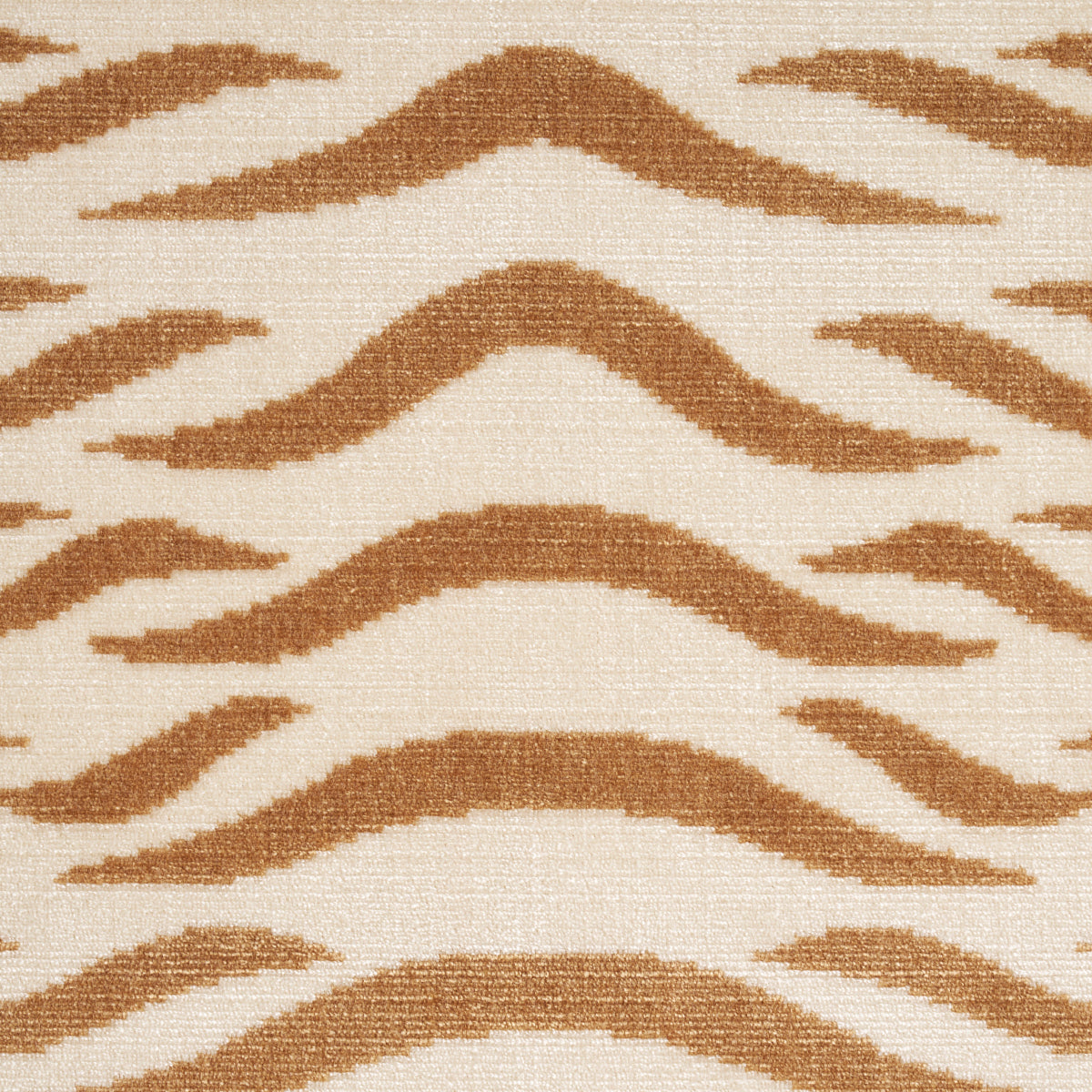 Beige woven textile with repeating brown wavy stripes; warm neutral rug or upholstery fabric.