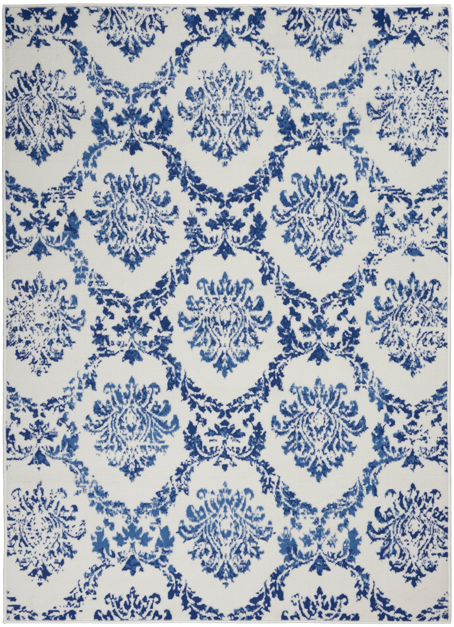 Blue damask floral pattern with repeating ornate medallions on ivory background; classic rug or textile design.