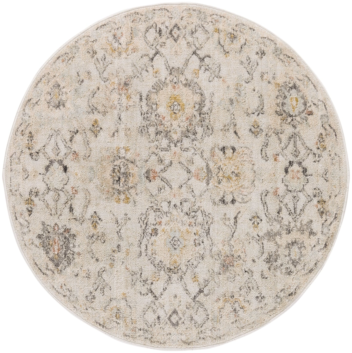 Round beige rug with a distressed traditional oriental motif in gray and subtle yellow.