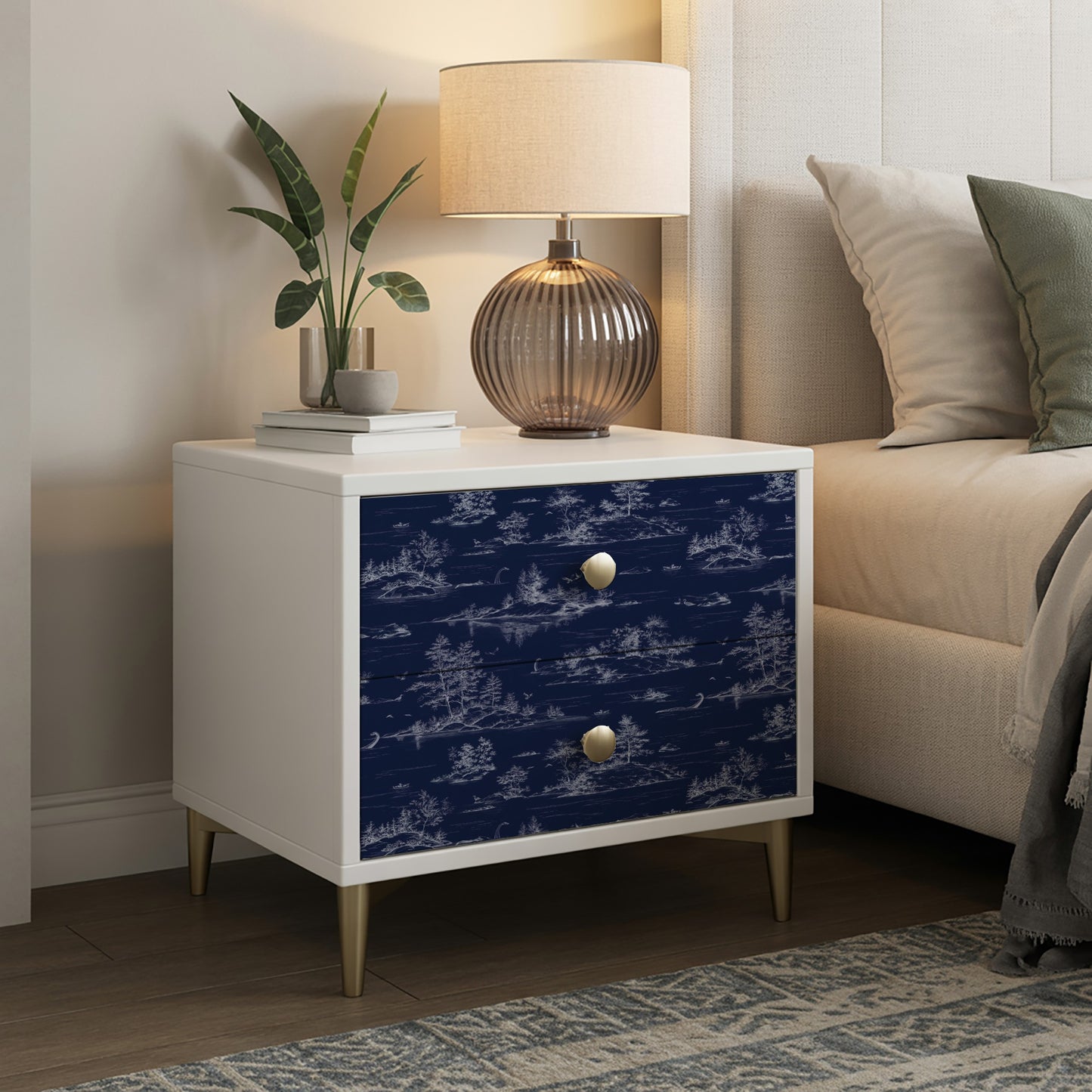 Veer Decor Nessie Novelty Toile Navy Ground Peel and Stick Wallpaper Landscape, Novelty, Patterns Transitional, Traditional, Novelty Navy Wallpaper - 8335-AD3