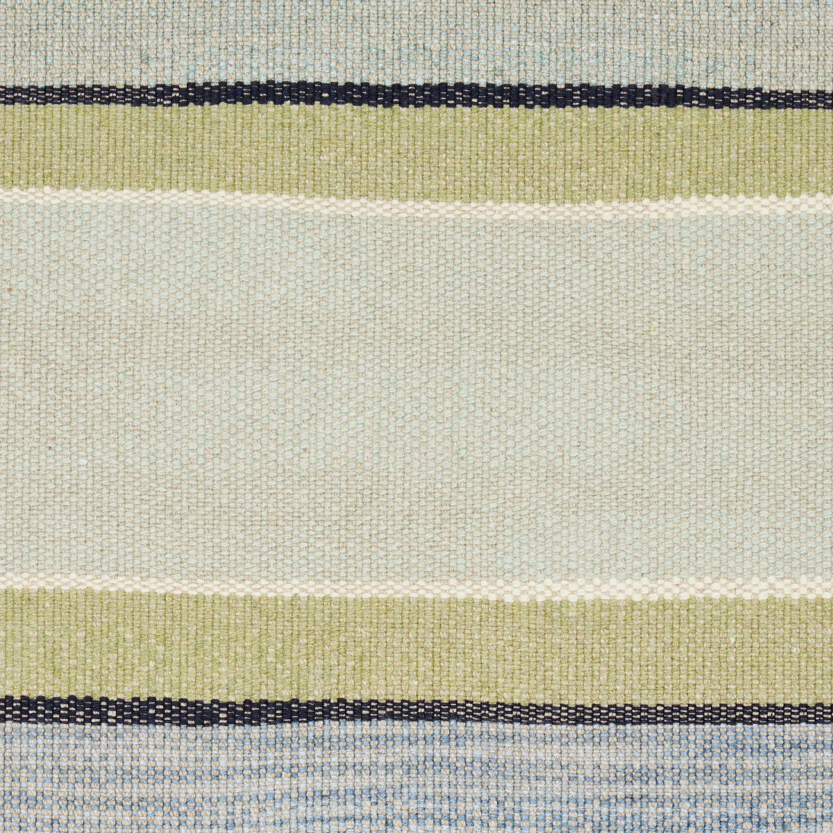 Woven striped rug in cream, olive, navy and light-blue bands with a textured weave.
