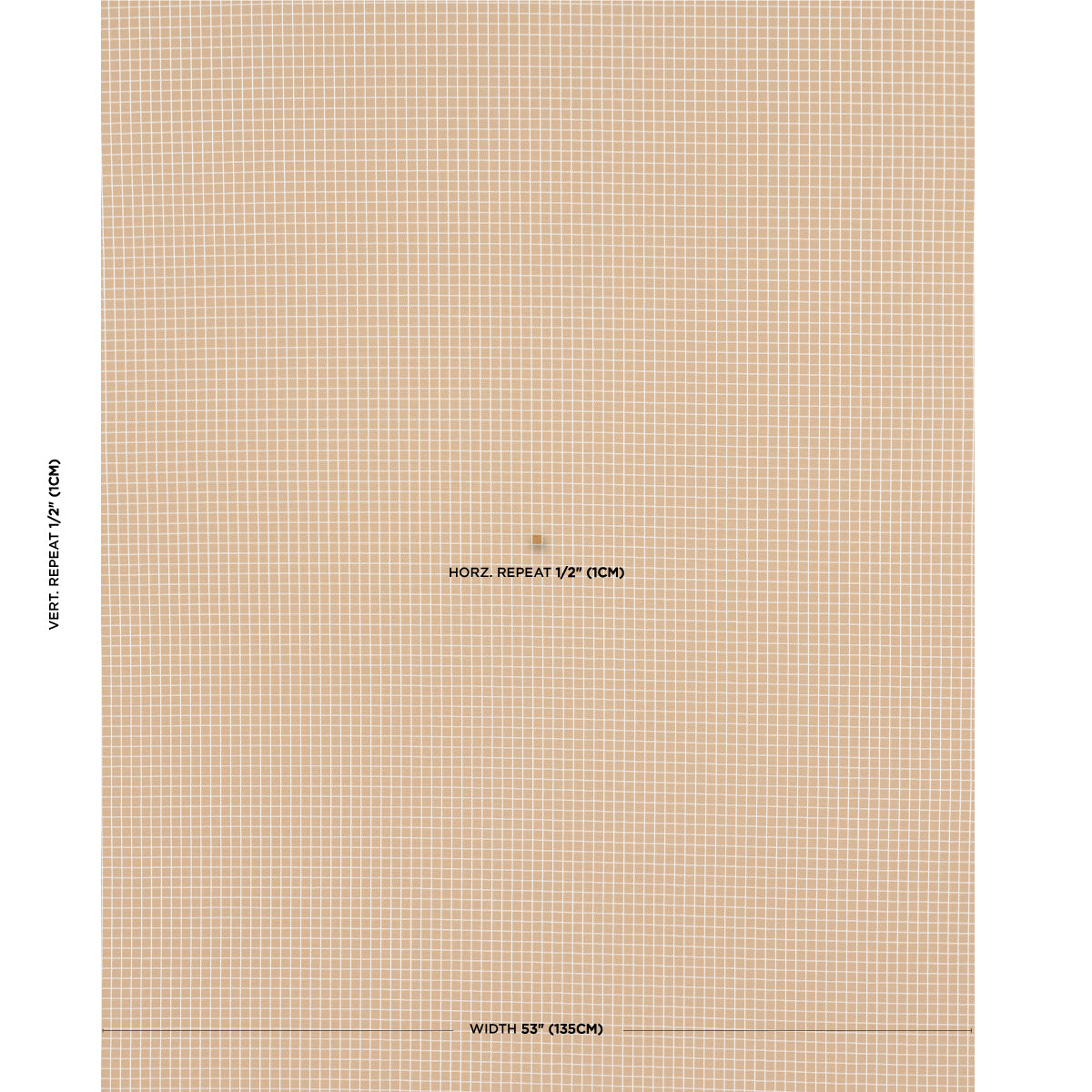 Beige grid tile with tiny tan squares; center notes horizontal repeat; left edge shows vertical repeat; width 53 in (133 cm)