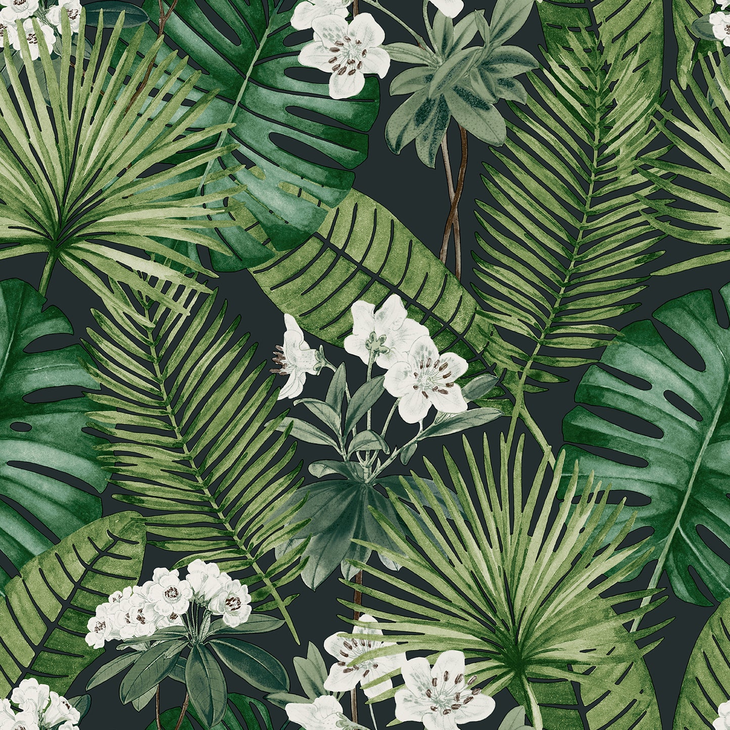 VEER DECOR Island Eden Black Peel & Stick Wallpaper Tropical Transitional Black Wallpaper - 8375-AD2