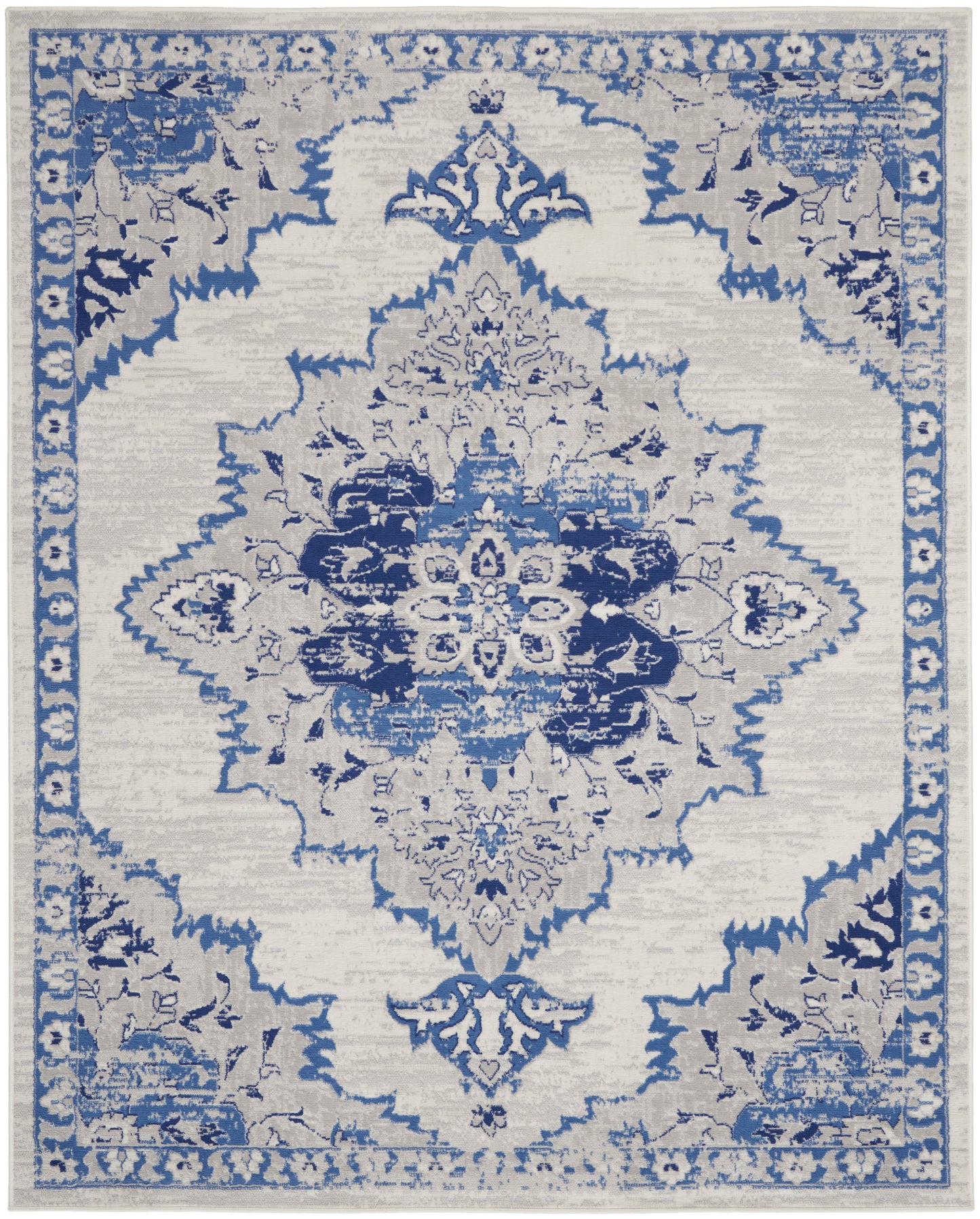 Blue and ivory distressed oriental rug with central medallion, ornate border and floral motifs.