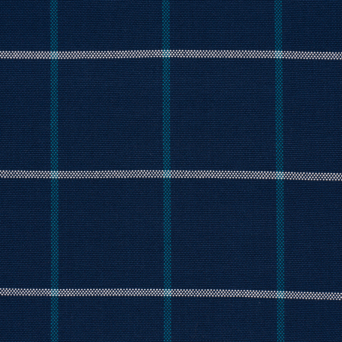 Navy blue windowpane woven fabric with white dotted horizontal stripes & teal vertical lines.