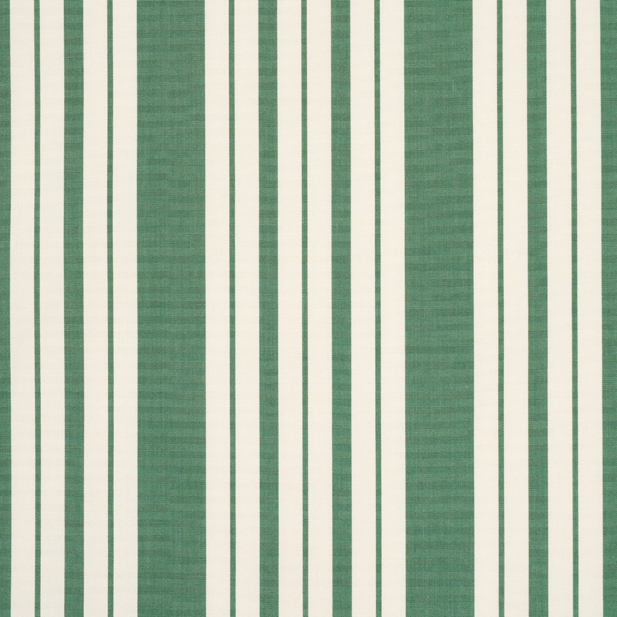 Green and white vertical striped fabric with a linen-like weave and bold repeating stripes.