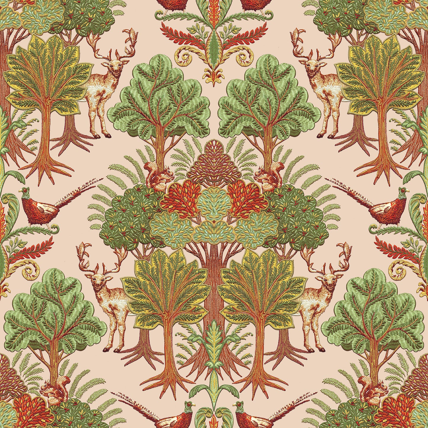 VEER DECOR Woodland Tapestry Green Wallpaper Animals Transitional, Traditional, Contemporary Cream Wallpaper - 8386-AA3
