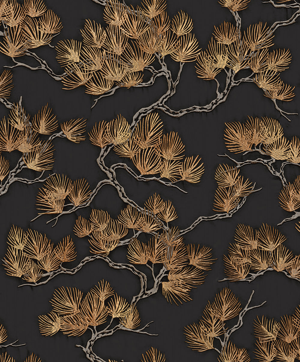 VEER DECOR Embroidered Pine Tree Black Wallpaper Nature Traditional Black Wallpaper - 8387-AF4