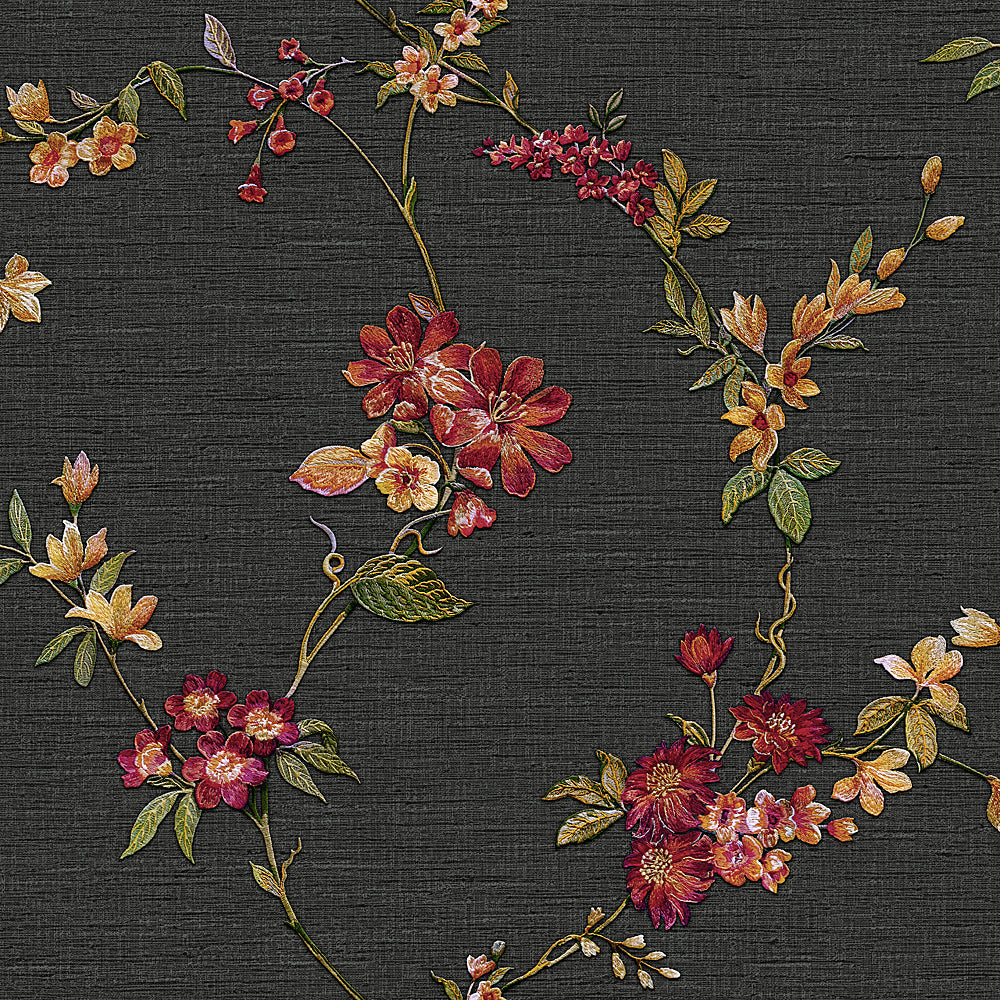 VEER DECOR Flower Trail Tapestry Black Wallpaper Floral Traditional, Transitional Black Wallpaper - 8387-AI3