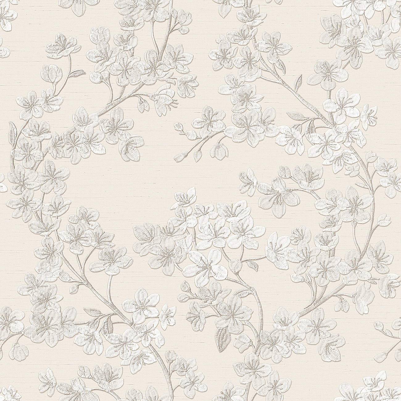VEER DECOR Embroidered Cherry Bloom Silver Wallpaper Floral Traditional, Asian, Transitional Silver Wallpaper - 8389-AB1