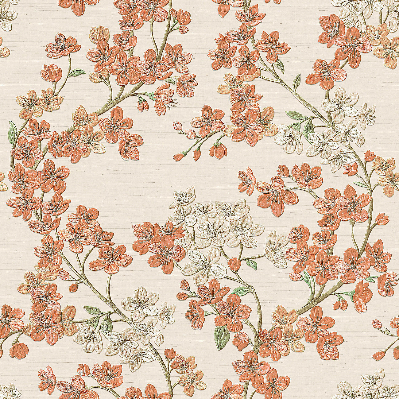 VEER DECOR Embroidered Cherry Bloom Orange Wallpaper Floral Traditional, Asian, Transitional Orange Wallpaper - 8389-AB2