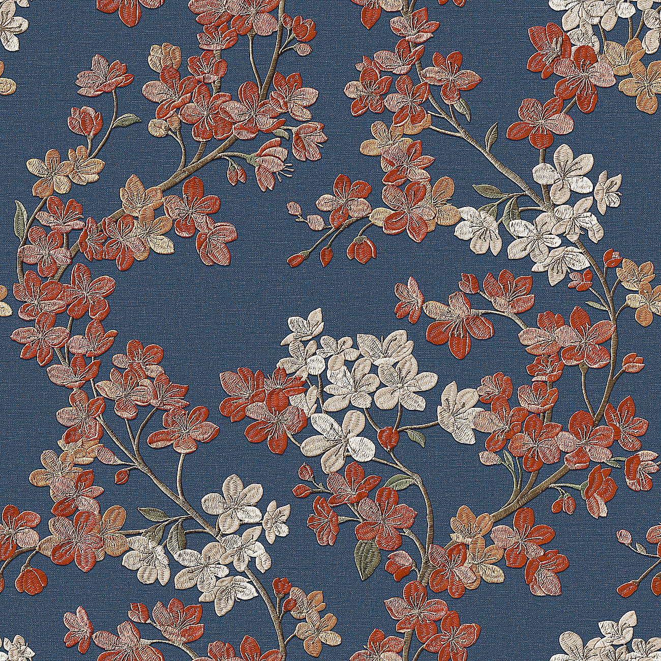 VEER DECOR Embroidered Cherry Bloom Navy Wallpaper Floral Traditional, Asian, Transitional Navy Wallpaper - 8389-AB5
