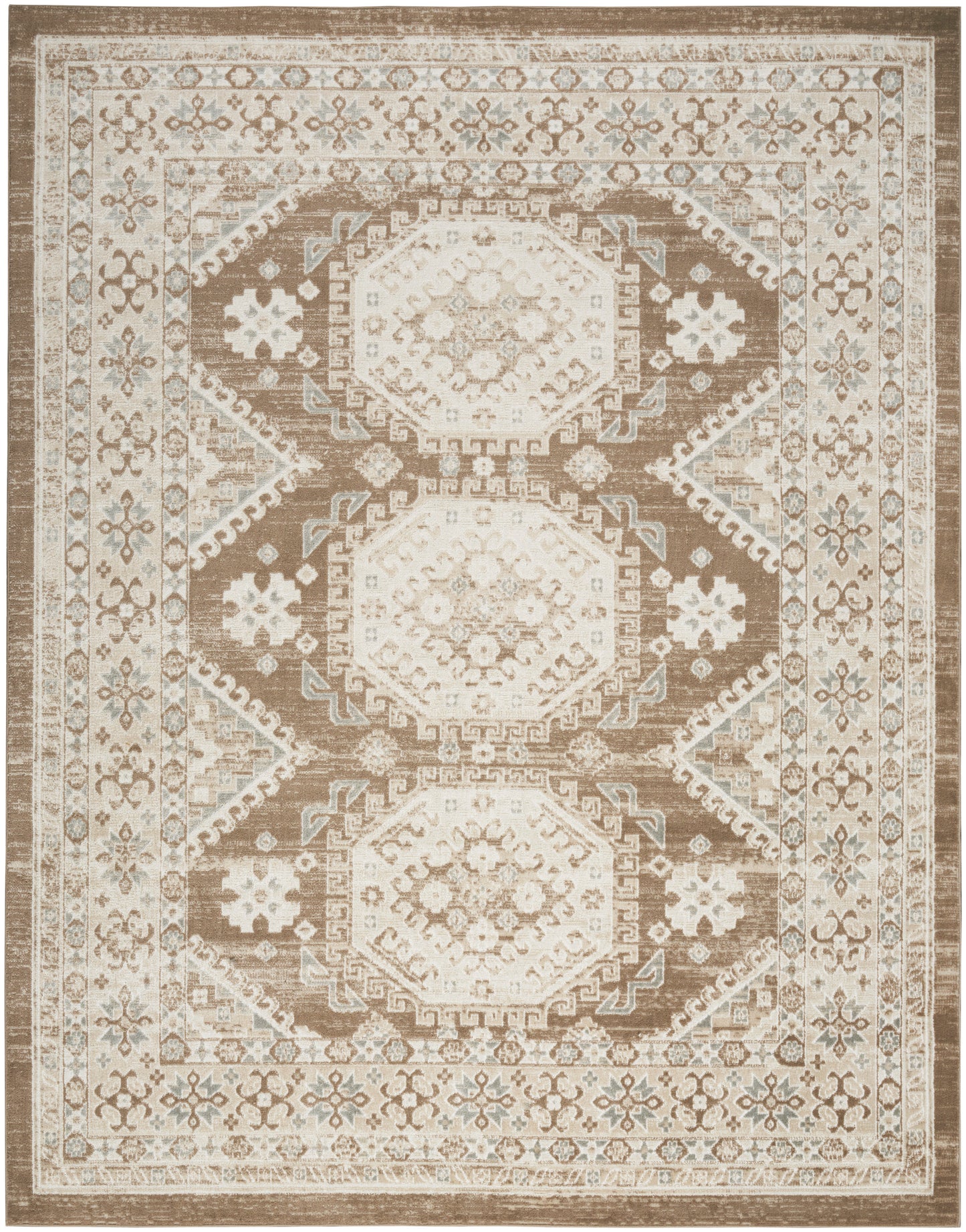 Distressed beige-brown oriental area rug with three central ivory hexagonal medallions and floral border.