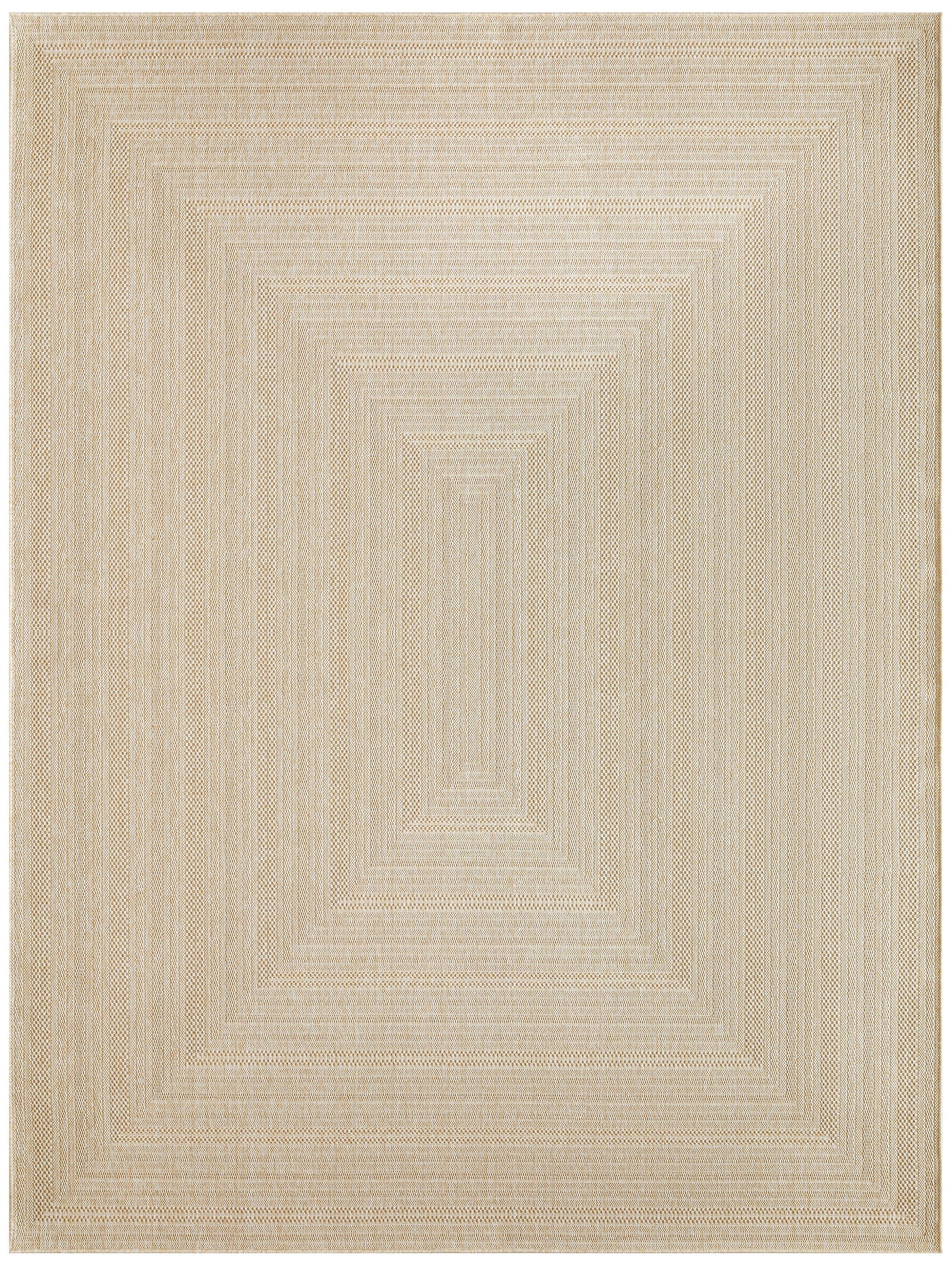 Natural beige woven rug with concentric rectangular steps, creating a geometric, textured surface.
