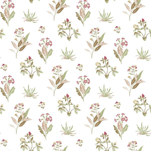Watercolor botanical pattern of pink blossoms with green and beige leaves on white, repeating.