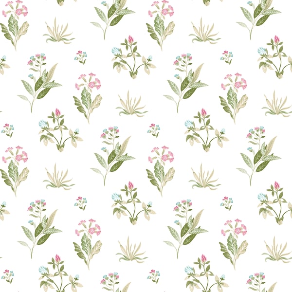Pastel floral pattern with pink and blue blossoms and green leaves on white background, repeating botanical motif.