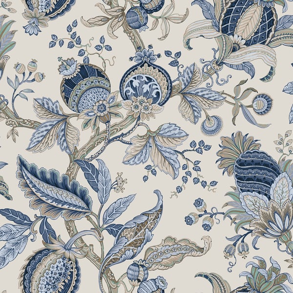 Close‑up view of Jacobino Edra Cottage Chic wallpaper (Galerie 84040) in blue, showing intricate Jacobean floral and seed‑pod motifs with trailing vines and textured non‑woven backing — ideal for accent walls, living rooms, and designer interiors.