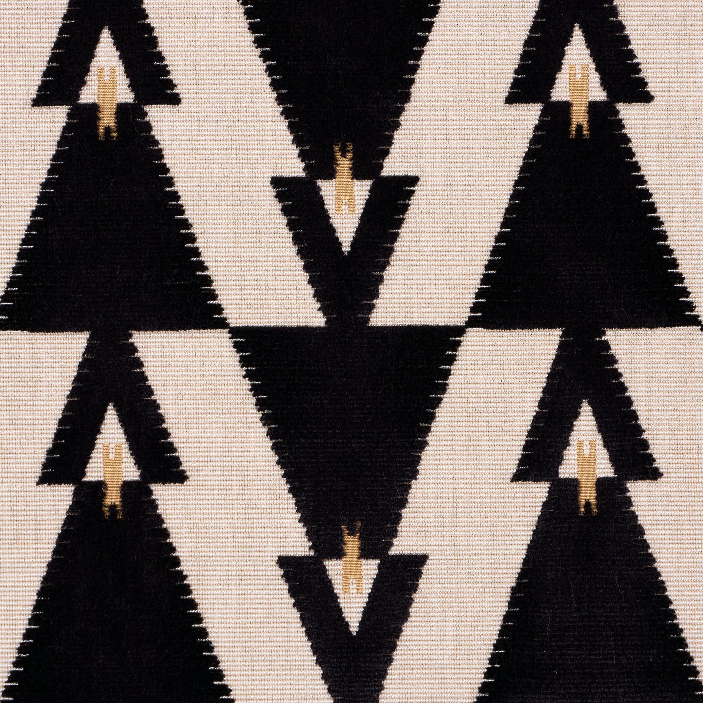 Beige fabric with bold black triangle/tree motif; geometric, mid-century modern textile for upholstery or throw decor.