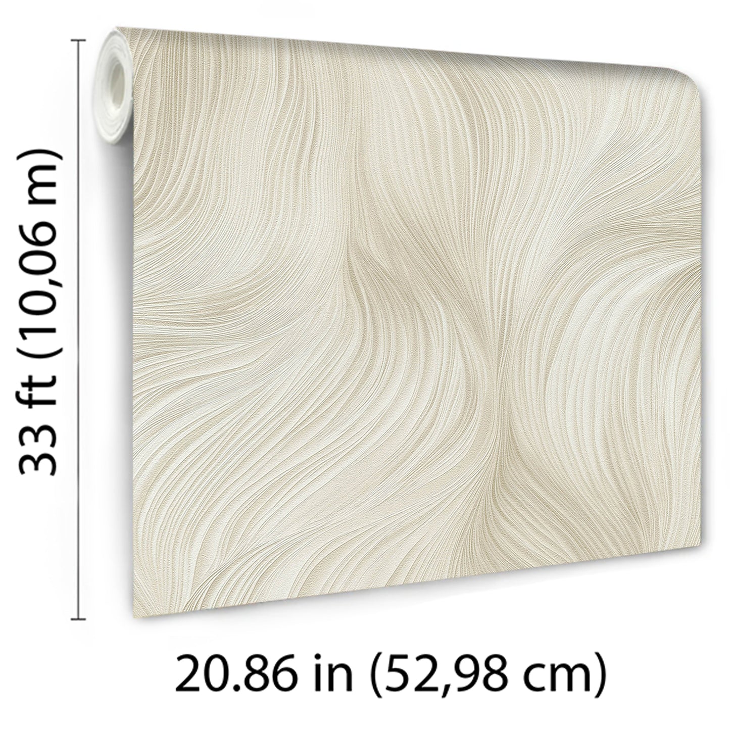 Beige wallpaper with a soft wave pattern; rolled wallpaper for neutral decor, 33 ft x 20.86 in.