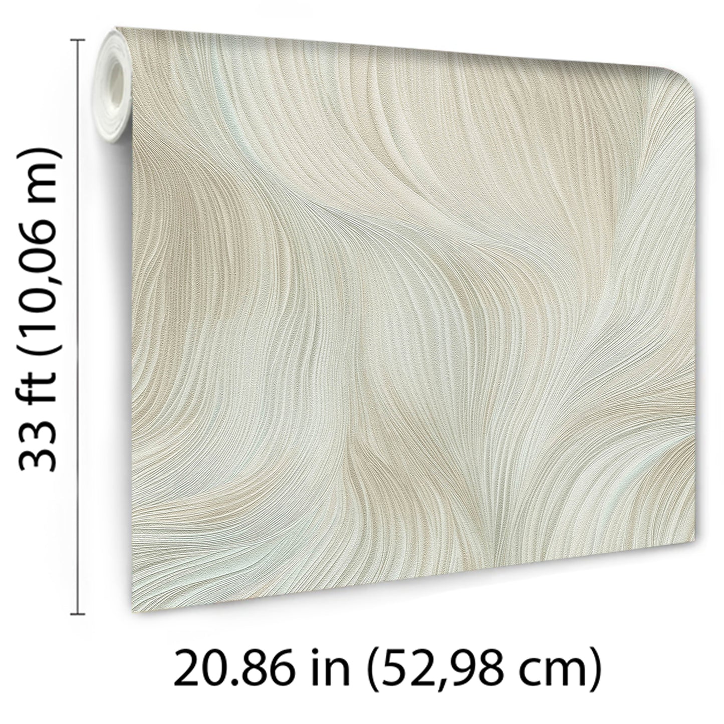 Cream-beige and pale blue swirling wallpaper panel with flowing lines and a fabric-like texture.