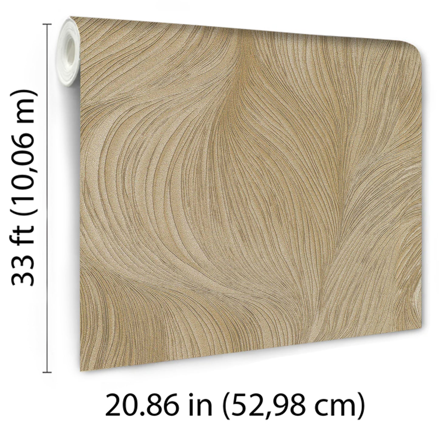 Gold wallpaper with waves of light pattern in beige-gold tones; flowing swirls, abstract design. 20.86 in wide by 33 ft tall.