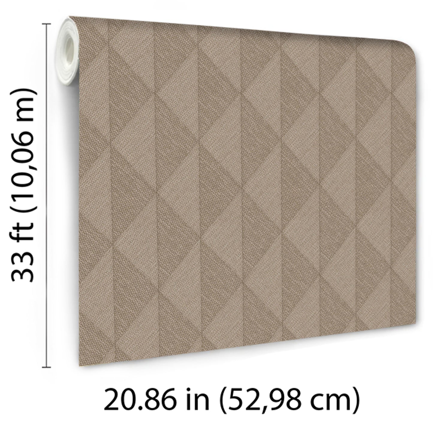 Brown woven diamond patterned wallpaper roll with a textured fabric-like finish; 33 ft long, 20.86 in wide.