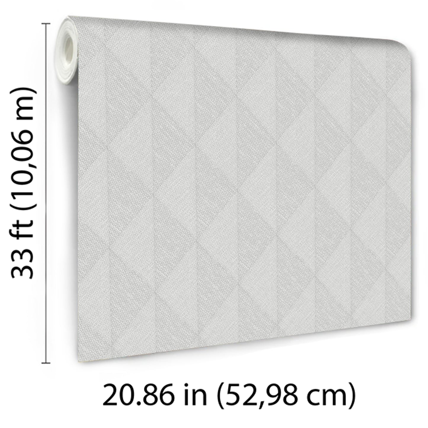 Light gray diamond-pattern wallpaper roll with subtle texture; vinyl, 33 ft long, 20.86 in wide.