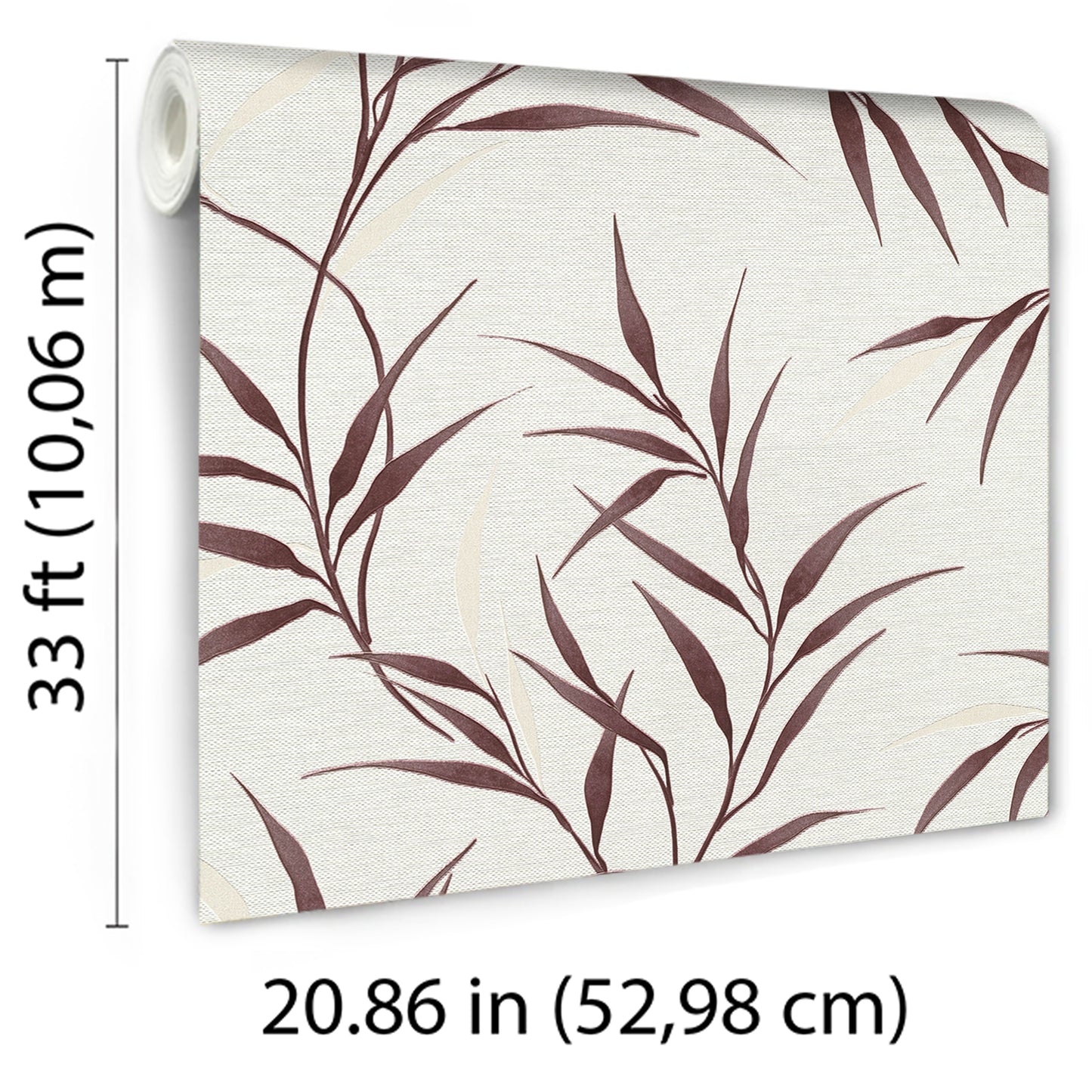 Rolled wallpaper panel: 33 ft long, 20.86 in wide, red leaf pattern wallpaper.