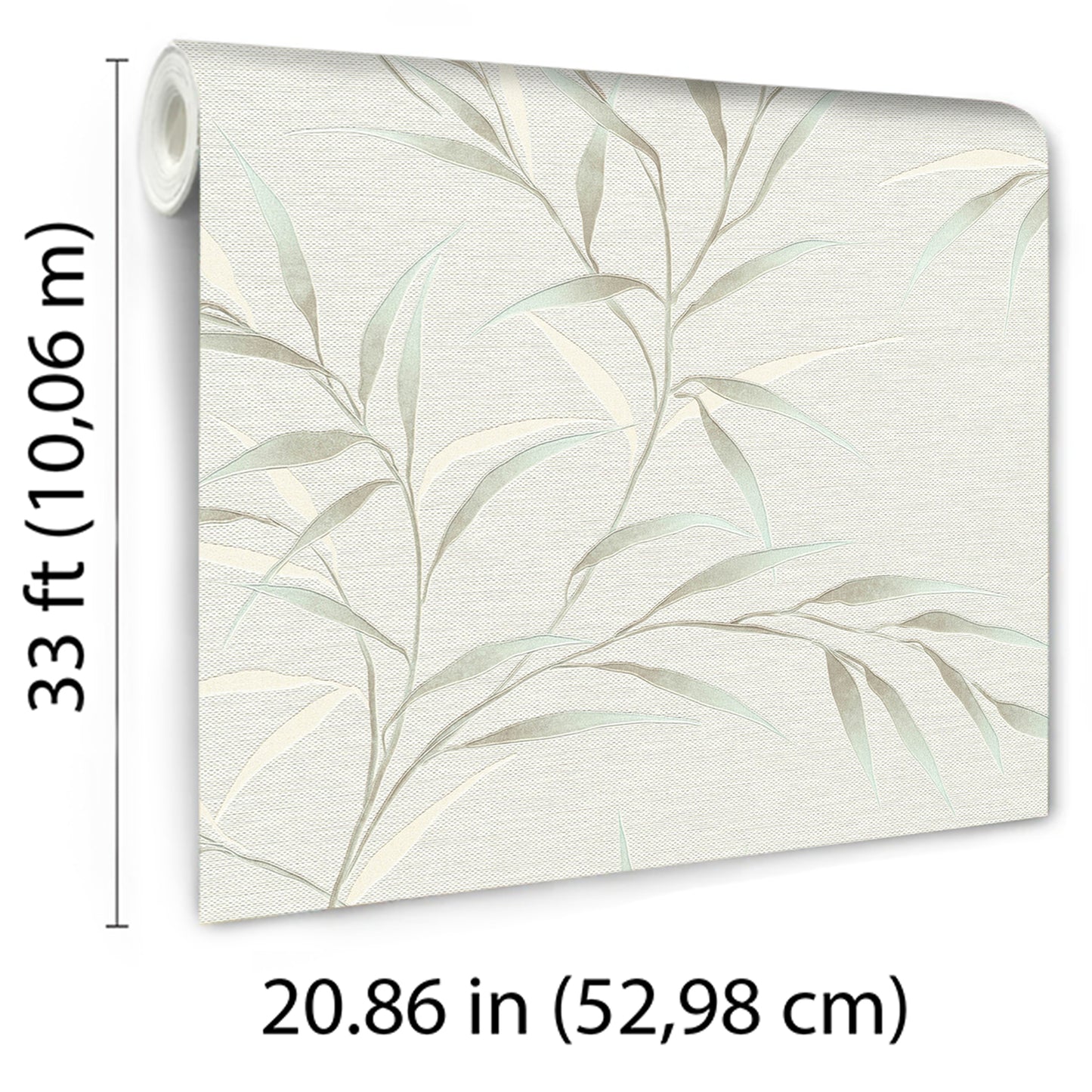 Roll of teal botanical wallpaper with leaves on a cream textured background; linen-like finish.