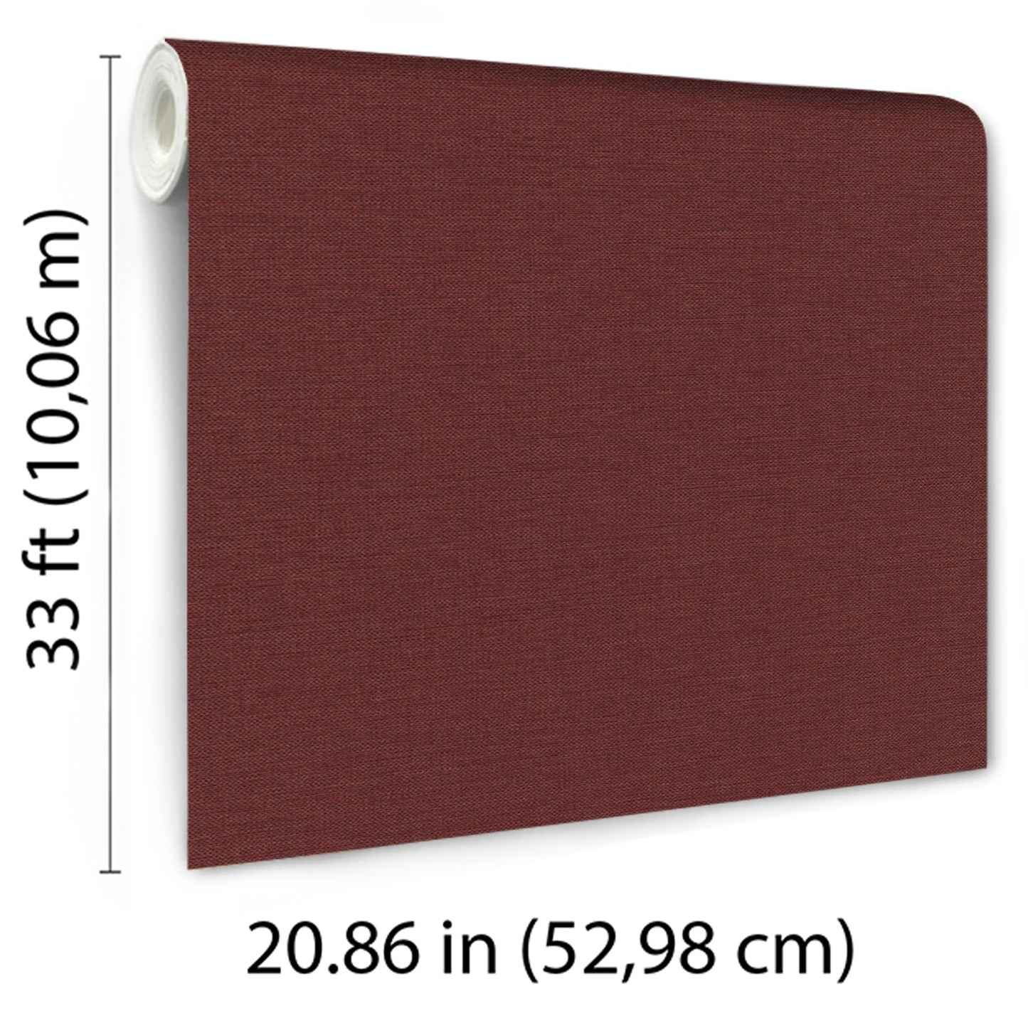 Red wallpaper roll with jute texture, on white core, 33 ft high by 20.86 in wide.