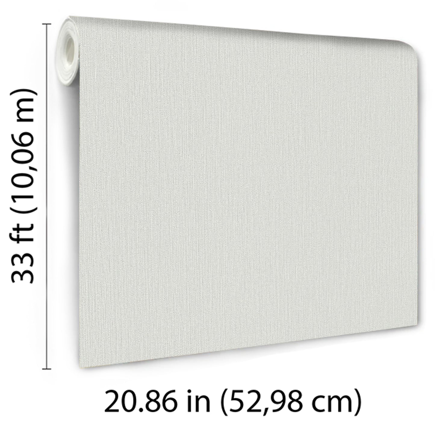 Gray textured wallpaper panel with roll edge, 52.98 cm wide by 10.06 m long (33 ft).