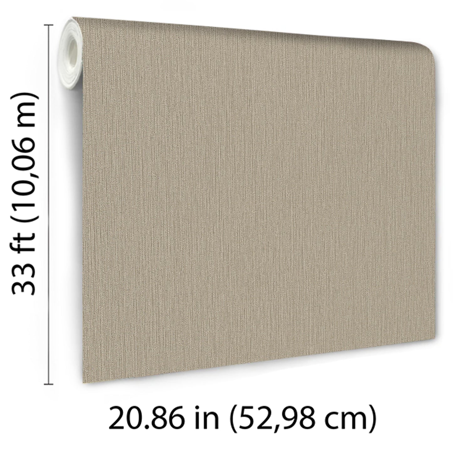 Beige linen-textured wallcovering roll with a tan fabric look; 33 ft long, 20.86 in wide.