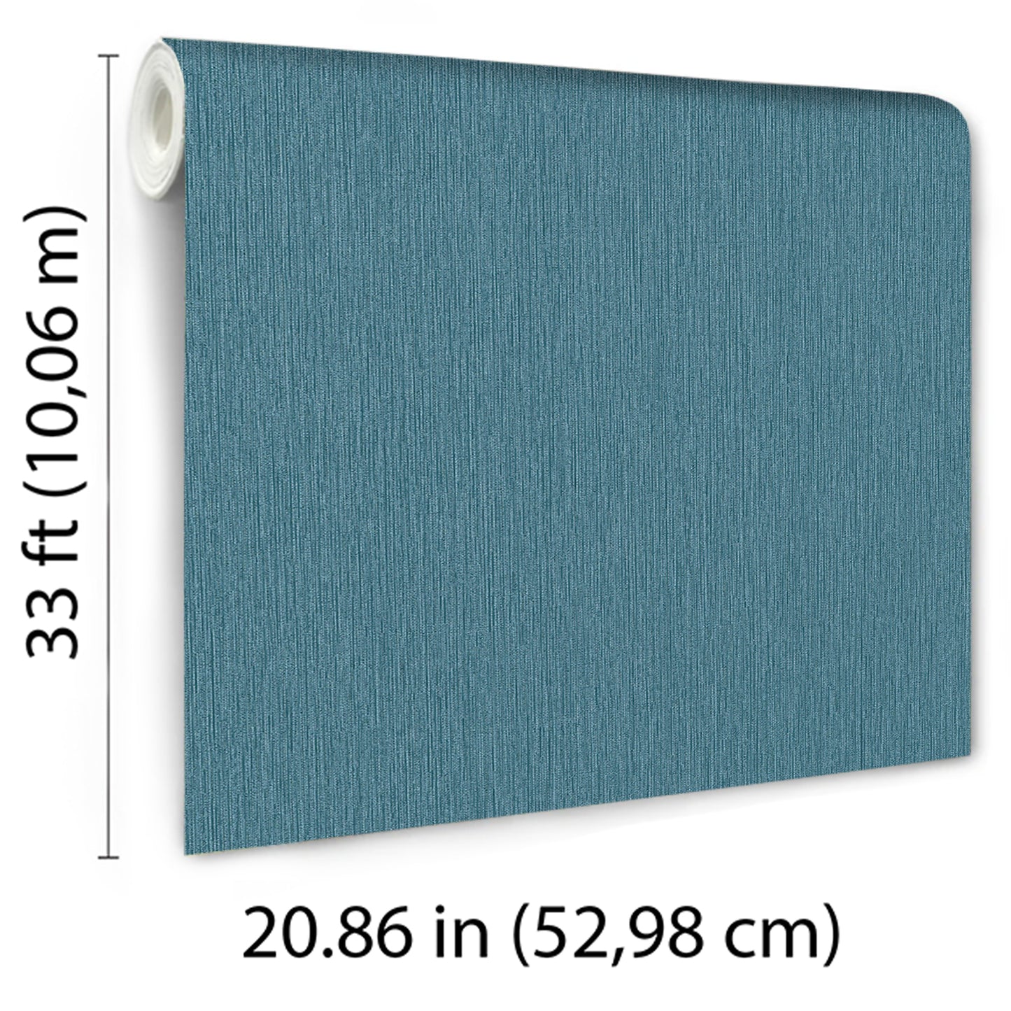 Teal blue textured fabric wallpaper panel on a roll, white core visible, 20.86 in wide by 33 ft long.