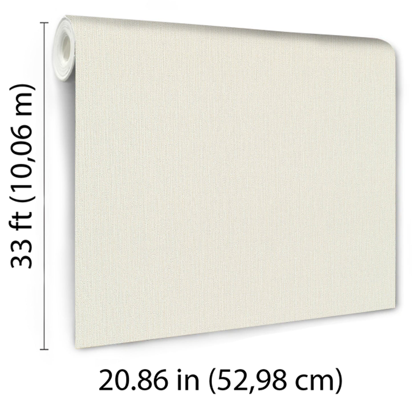 Cream linen-textured wallpaper roll, 33 ft long by 20.86 in wide, beige fabric-like wall covering.