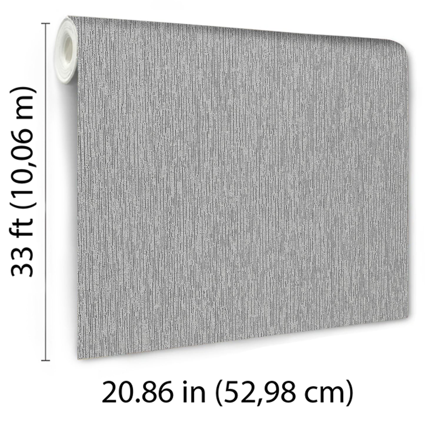 Gray textured wallpaper roll with woven pattern, 20.86 in wide by 33 ft long.