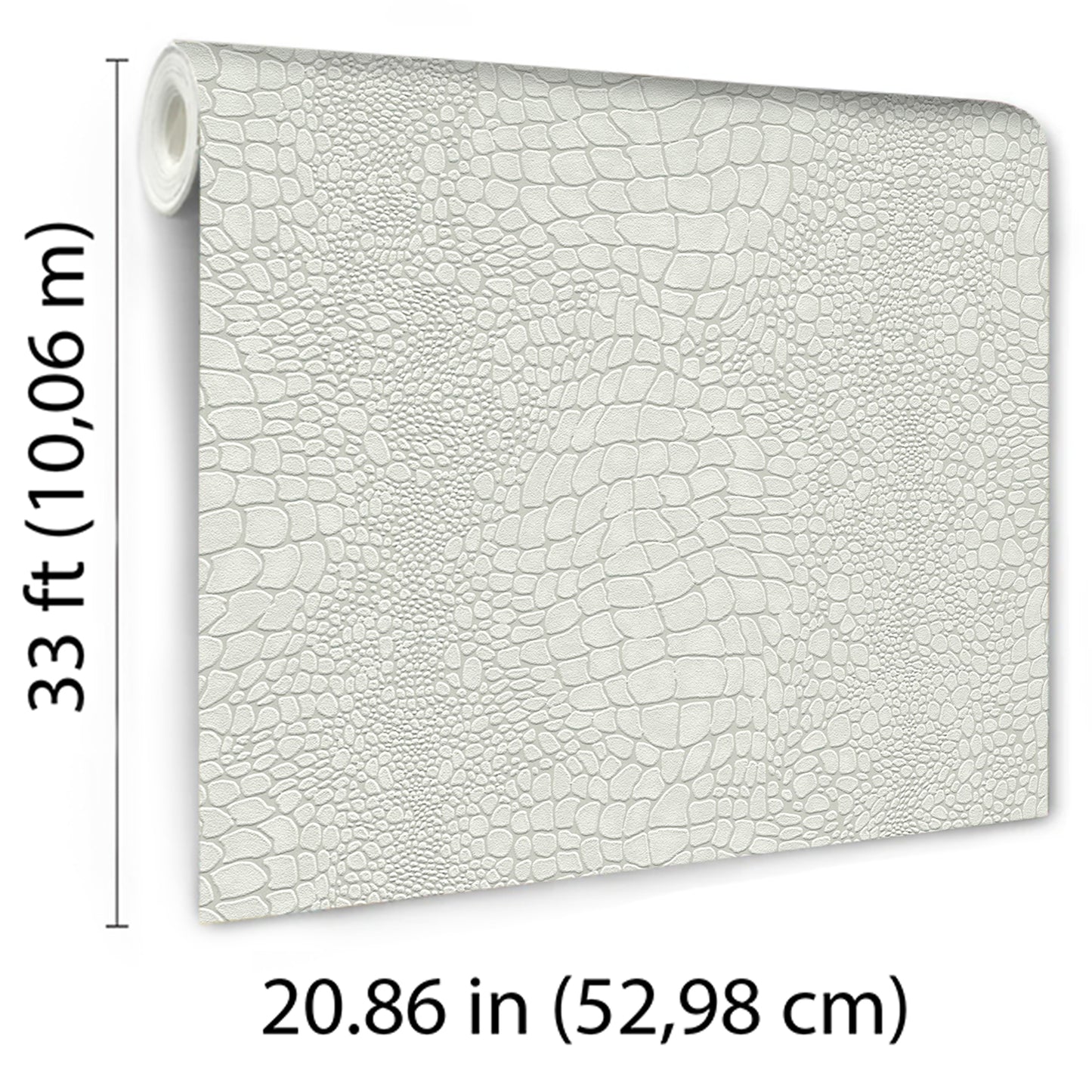 Cream ivory crocodile-embossed wallpaper roll; textured faux reptile pattern, 33 ft long, 20.86 in wide