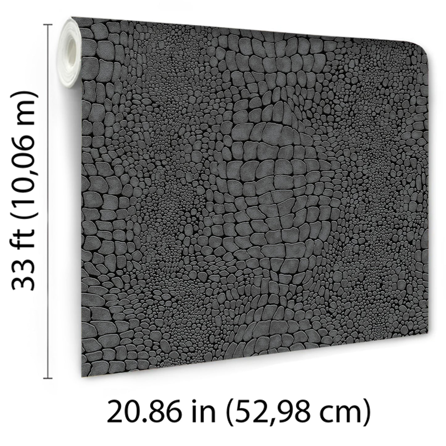 Rolled crocodile-skin textured black wallpaper; dark reptile pattern for modern decor.