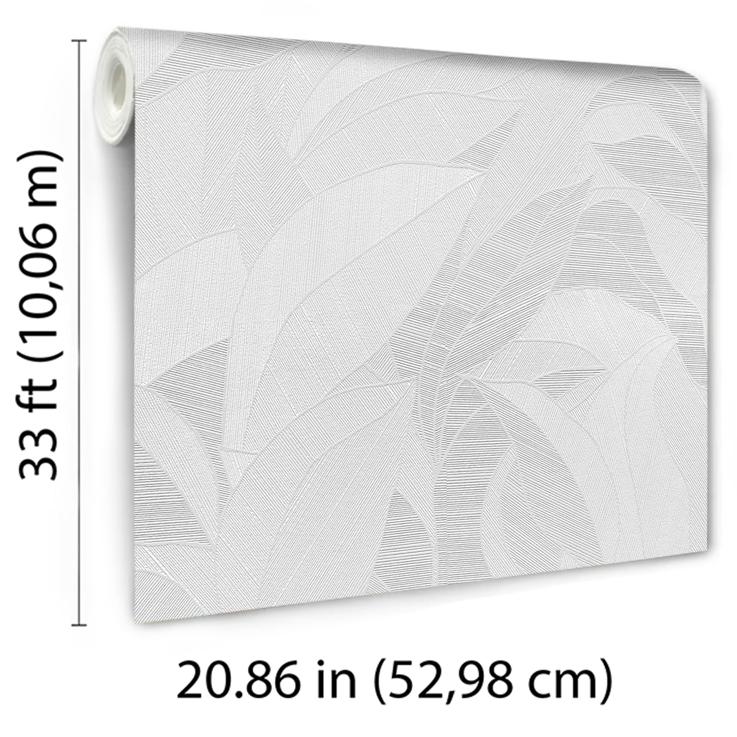 Rolled light gray leaf-pattern wallpaper with subtle texture, 33 ft long, 20.86 in wide.