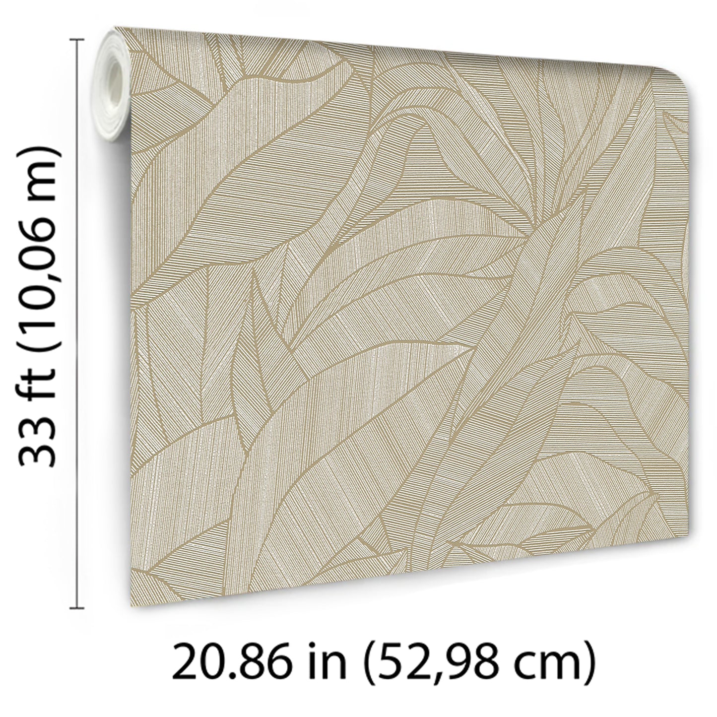 Beige leaf-pattern wallpaper roll with linen texture; neutral botanical design for living spaces.